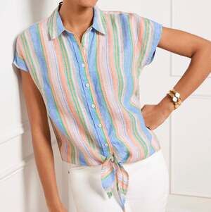 Talbots Petite Linen Tie Hem Button Front Top in Swing Stripe Sz M Petite